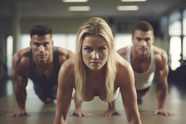 Foto giovani in forma che fanno flessioni in una palestra che sembrano concentrati