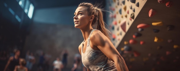 A fit young woman engages in an intense climbing session at an indoor climbing center demonstrating her athleticism and dedication to the sport