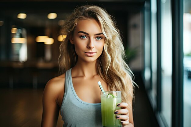 Fit Young Woman with Healthy Green Smoothie at a Wellness Center