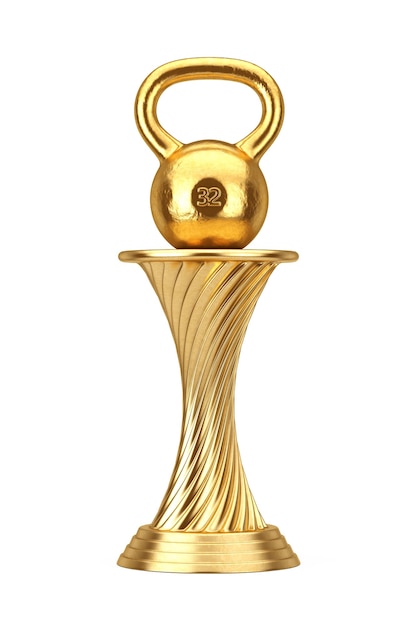 Concetto di premio fitness. golden award trophy dumbbell peso su uno sfondo bianco. rendering 3d