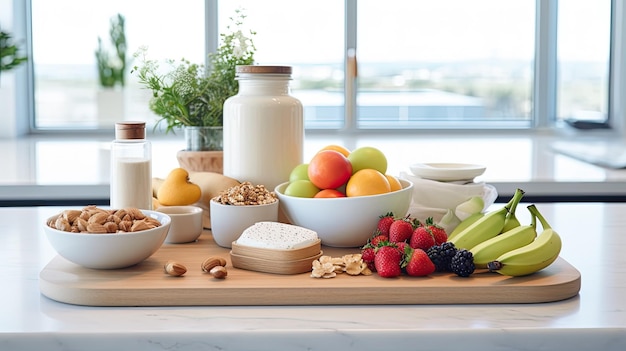 a fitness breakfast spread on a clean minimalist kitchen countertop wholesome ingredients and modern aesthetics creating an inspiring start to the day