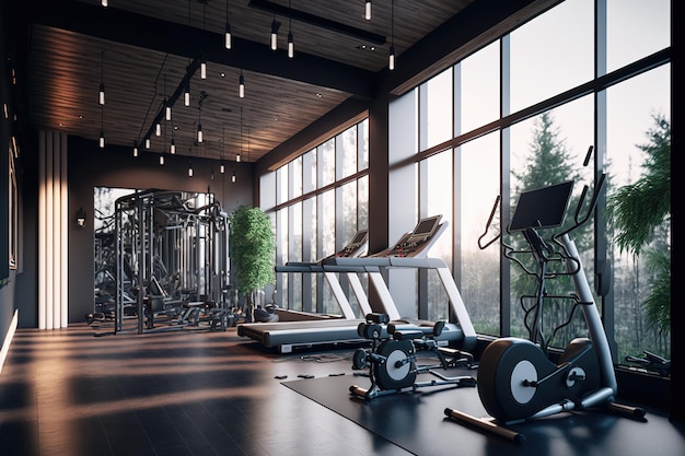 스포츠 및 운동 장비를 갖춘 현대적인 체육관 장식을 갖춘 피트니스 센터 인테리어