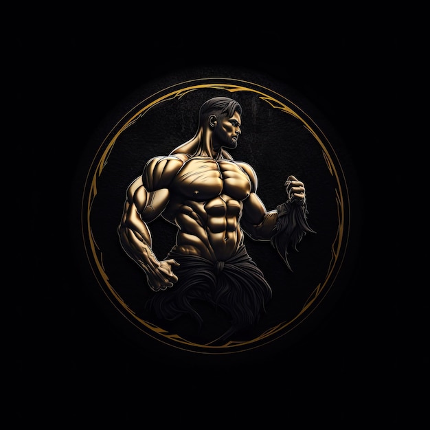 Photo fitness club emblem badge logo or tshirt print design with muscular man and barbell vector illus