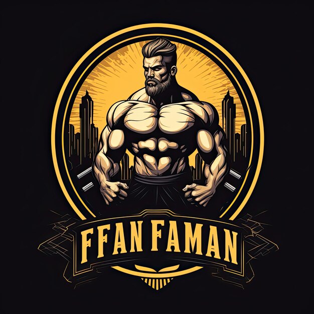 Photo fitness club emblem badge logo or tshirt print design with muscular man and barbell vector illus