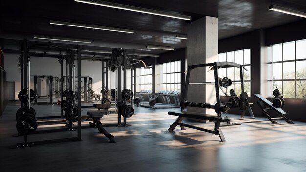 Fitness club weight training equipment gym modern interior