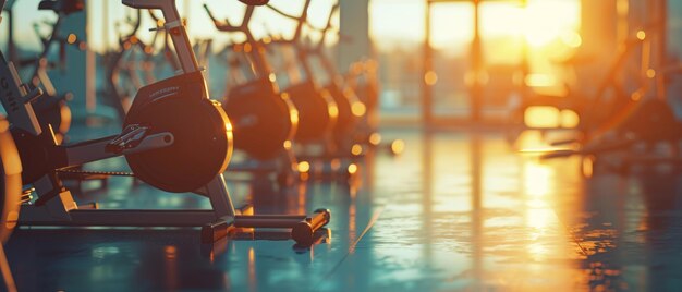 Fitness club with evening backlight and modern gym equipment