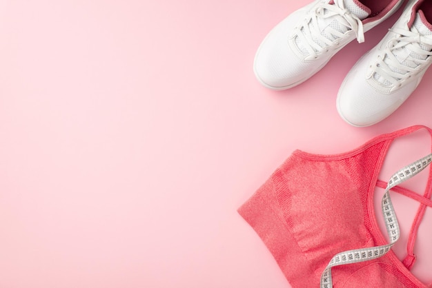 Fitness concept Top view photo of white sneakers pink sports bra and tape measure on isolated pastel pink background with copyspace