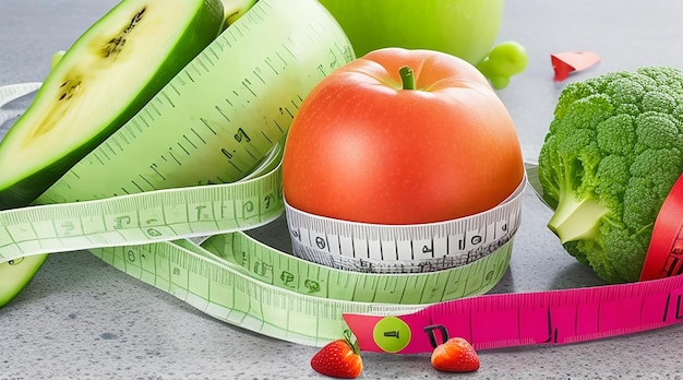 Fitness concept with fruits vegetables tape measure and text book