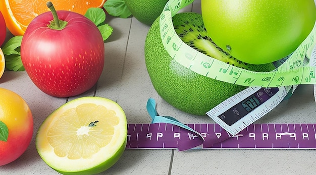 Fitness concept with fruits vegetables tape measure and text book