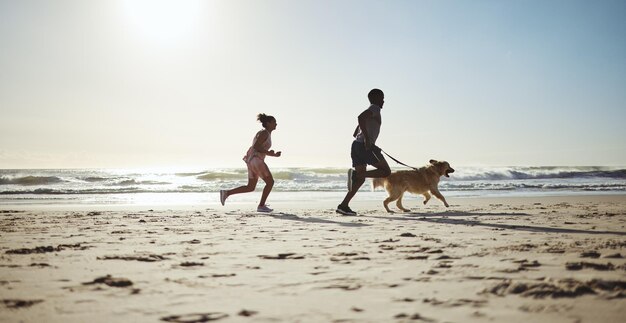 자연 모래와 푸른 하늘 배경에서 건강과 운동을 실행하기 위해 해변에서 피트니스 커플과 개 바다 운동과 심장에 남자와 여자는 애완 동물 래브라도 훈련과 웰빙