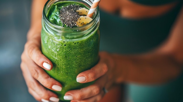 Photo a fitness enthusiast refueling with a proteinpacked green smoothie after a workout blending spinach banana and protein powder for a nutritious boost