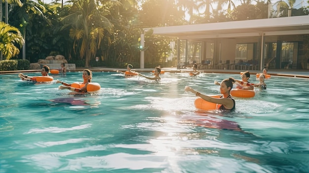 Fitness enthusiasts as they engage in invigorating water aerobics sessions in a resort pool These dynamic workouts combine the benefits of cardio and resistance training Generated by AI