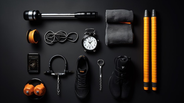 Fitness equipment on a black background top view