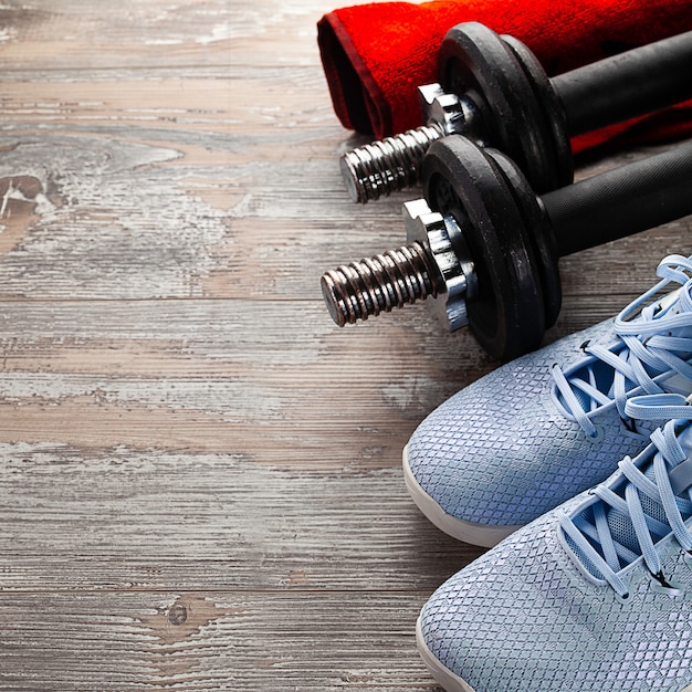 Fitness equipment on wooden flor