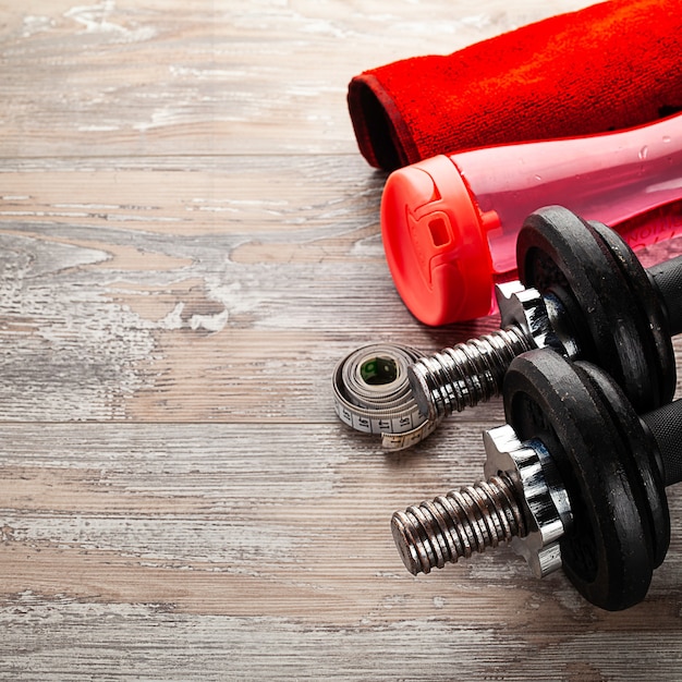 Fitness equipment on wooden flor