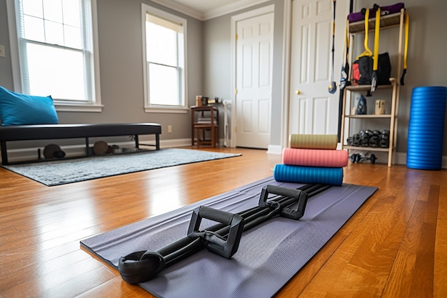 Fitness Essentials Harmony Shot of Yoga Mat Weights and Resistance Bands in Exercise Environmen