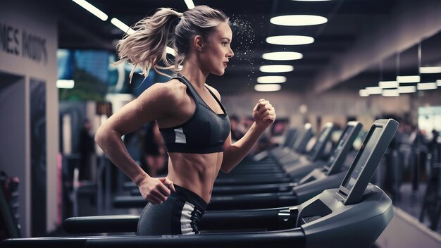 Fitness girl running on treadmill