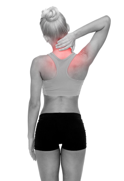 fitness, healthcare and medicine concept - sporty woman touching her neck