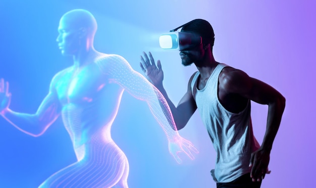 Fitness in metaverse sportieve jonge zwarte man in vr-bril die virtual reality-spel speelt met d-avatar