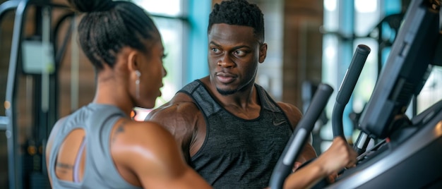 Fitness instructeur die een vrouw aanmoedigt die oefent op een crosstrainer