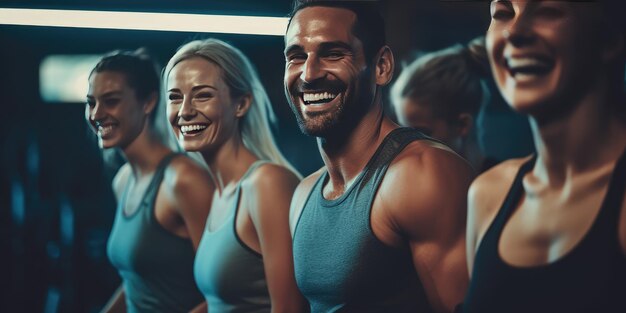 Foto fitness ridendo e amici in palestra per allenarsi