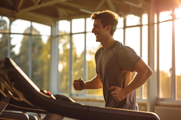 fitness man running on treadmill in the gym