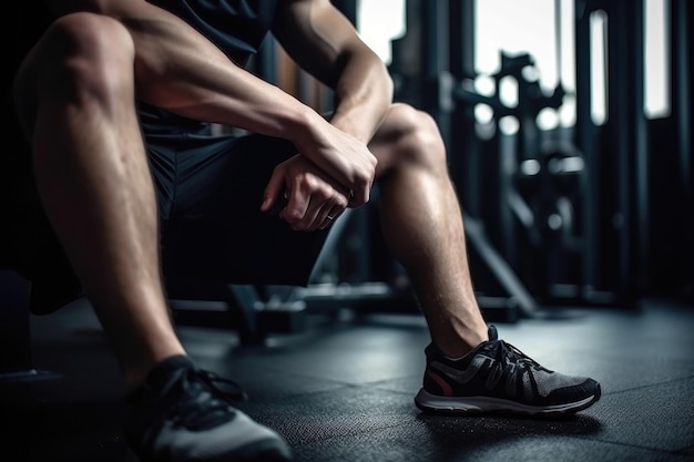 Фитнес-человек и растягивание ног в тренажерном зале для тренировочных упражнений или тренировок, созданных с помощью генеративного AI