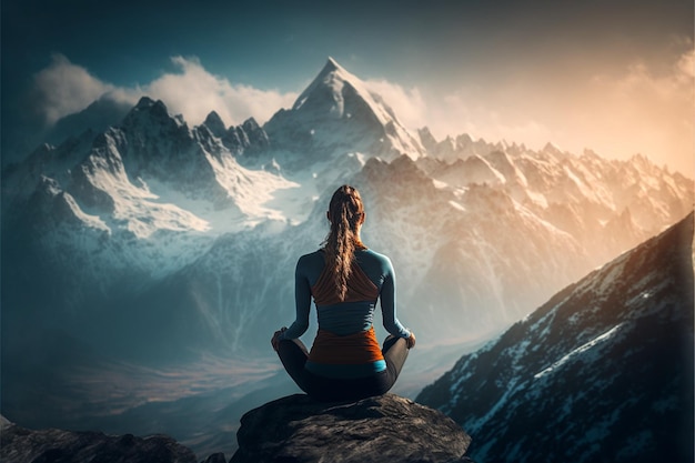 Fitness meisje het beoefenen van yoga op bergzicht Generatieve Ai