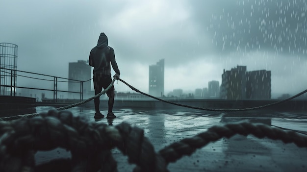 Fitness Model with Battle Ropes on Urban Rooftop