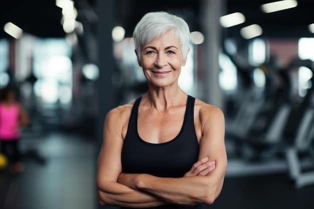 A fitness older woman posing for a photo in the gym Generative AI