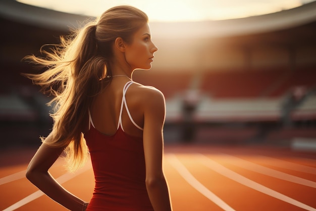 Fitness relax and woman athlete on track for a relay race marathon or competition at a stadium