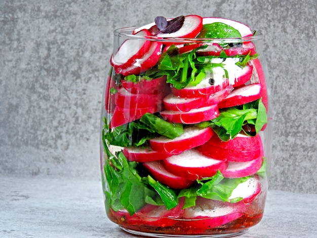 Fitness salad in the jar. Vegetable salad in a jar to go.