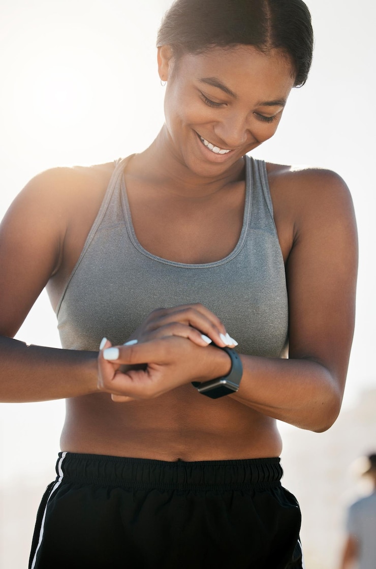 Photo fitness smartwatch and training with black woman in outdoor for running health and sports workout exercise energy and time with girl and technology for lifestyle wellness and performance monitor