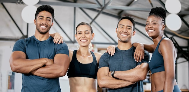 Fitness smile and portrait of friends in gym for teamwork support and workout Motivation coaching and health with people training in sports center for cardio endurance and wellness challenge