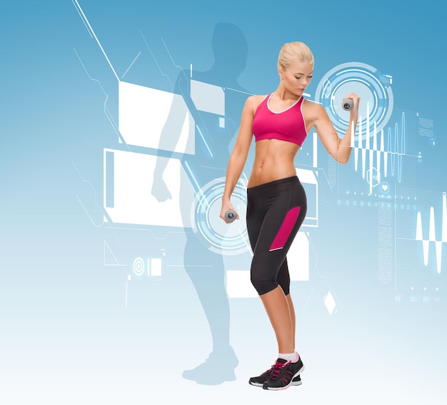 fitness, sport and dieting concept - young sporty woman with light dumbbells