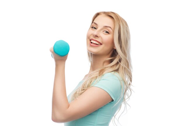 fitness, sport, exercising and people concept - smiling beautiful sporty woman with dumbbell