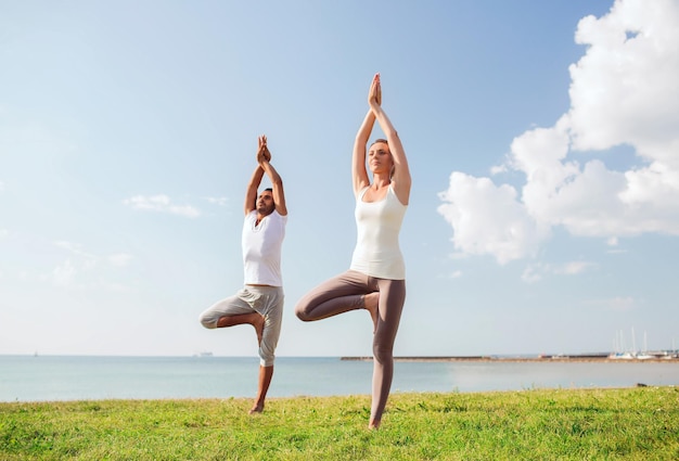 fitness, sport, friendship and lifestyle concept - smiling couple making yoga exercises outdoors