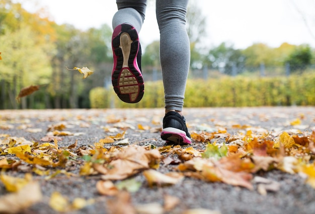 フィットネス、スポーツ、人々、摩耗、健康的なライフスタイルのコンセプト – 秋の公園で走っている若い女性の接写