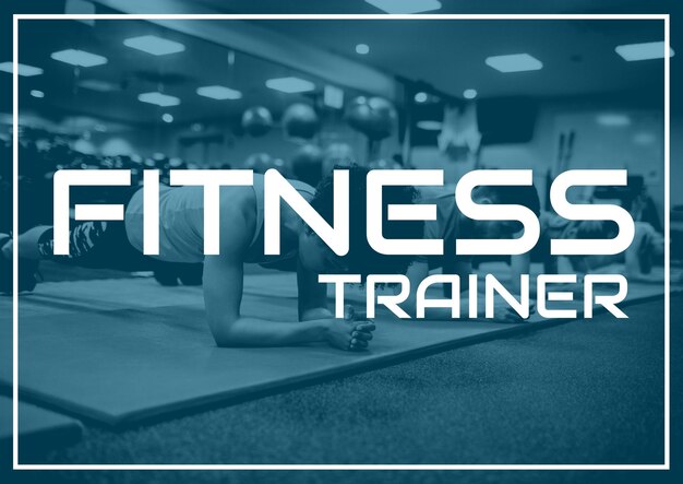 Photo fitness trainer text against fit people performing plank exercise at the gym