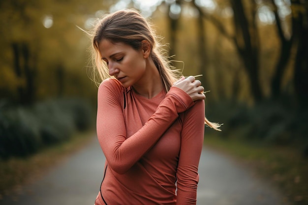 Foto passeggiata di fitness di una donna con lesione al braccio in un allenamento fisico