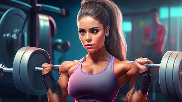 A fitness woman holding weights near barbells