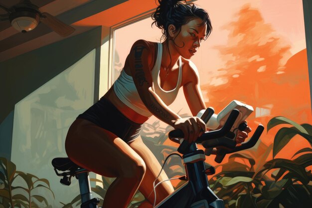 Fitness woman in sportswear working out on a stationary bike A woman on a fitness exercise bike indoors AI Generated