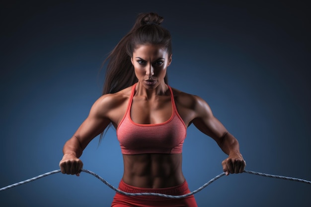 Fitness woman with skipping rope on dark background Strength and motivation A female athlete exercising with a jump rope top section cropped front view faces not revealed AI Generated