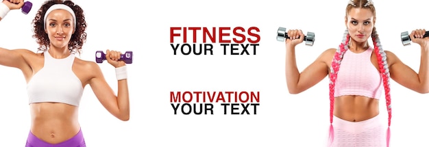 fitness women athlete with dumbbells template banner or poster for sport ads white background