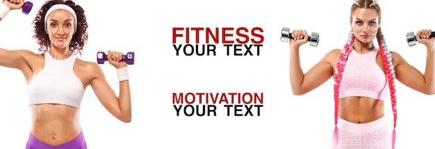 Fitness women athlete with dumbbells Template banner or poster for sport ads White background