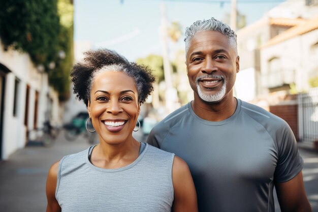 피트니스 운동과 흑인 커플은 도시에서 마라톤 달리기 훈련과 훈련 사랑 스포츠
