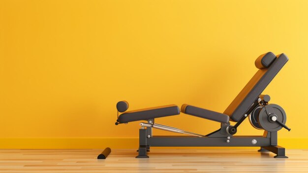 Fitnessapparatuur, inclusief gewichten en een bankje, rust op een glanzende hardhouten vloer