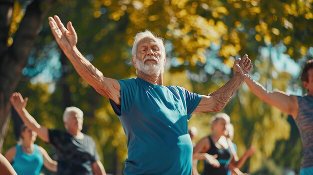 Foto fitnessles in een stadspark met enthousiaste oudere mannen en vrouwen deelnemers die hun lichaam en geest energiek maken oefenkleding dynamische scène vastgelegd