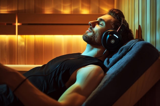 Fitnessliefhebber leunt in de sauna met koptelefoon om naar muziek te luisteren