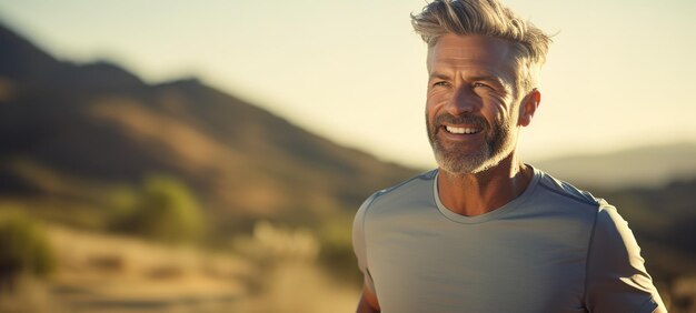 Foto fitnessman en hardlopen in de natuur voor gezonde lichaamsbeweging training en workout in de open lucht